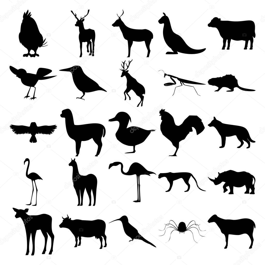 Set of 25 animals. Parrot, Kangaroo, Bird, Mantis, Beaver, Owl, Duck, Cock, Dog, Lama, Flamingo, Jaguar, Rhino, Deer, Cow, Colibri, Spider, Sheep.