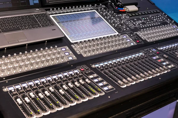 Large panel of the stage controller with screens Stock Photo