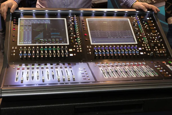 Large panel of the stage controller with screens Royalty Free Stock Images