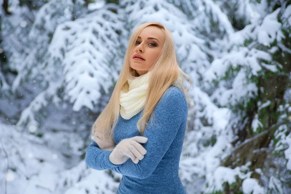 Beautiful girl in the forest under the snow — Stock Photo, Image