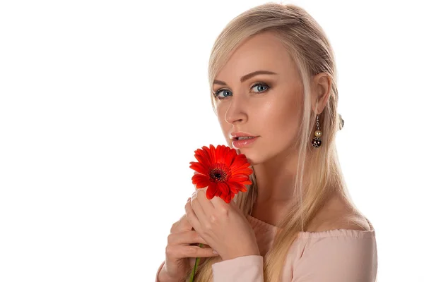 Oblicze piękna kobieta z gerbera kwiat — Zdjęcie stockowe