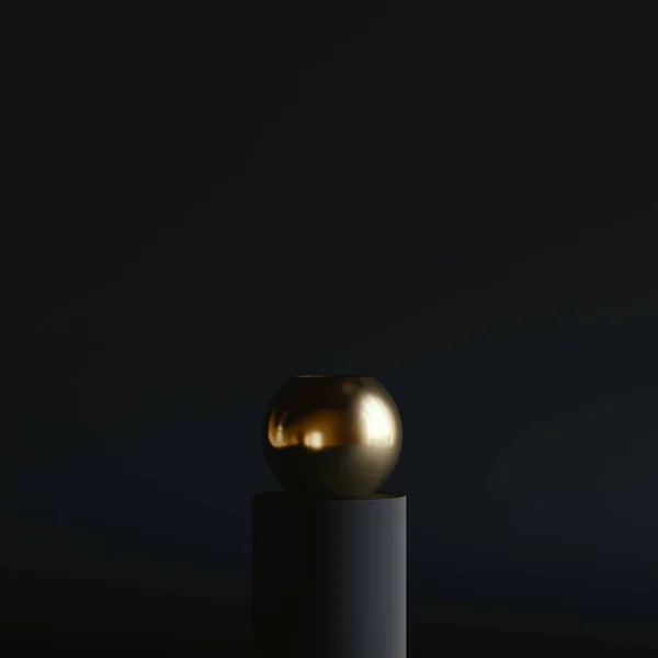 Siyah arka planda siyah minimalizm podumu üzerine altın çömlek 3D görüntüleme