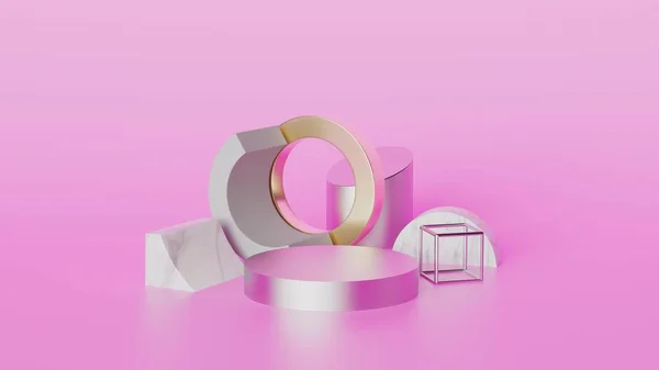En az pembe arkaplan sanatı deco altın ve mermer nesne 3D görüntüleme