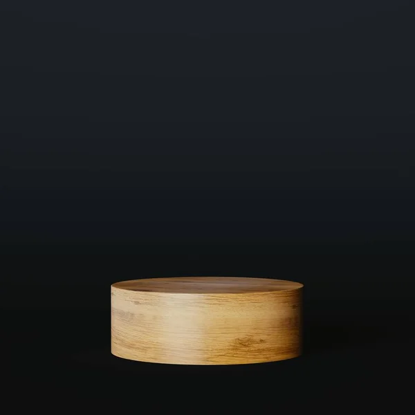 Siyah Minimalizm arka planında 3D ahşap silindir podyumu gerçekçi