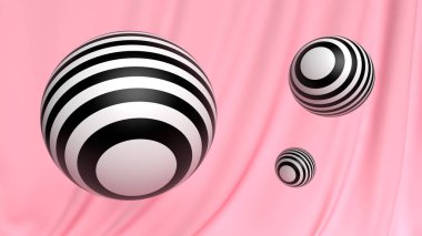Soyut 3d duvar kağıdı kozmetik top pembe kumaş arka planlı siyah beyaz.