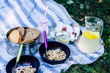Meyve, granola, bisküvi, yoğurt, ekmek, limonata kombinasyonu