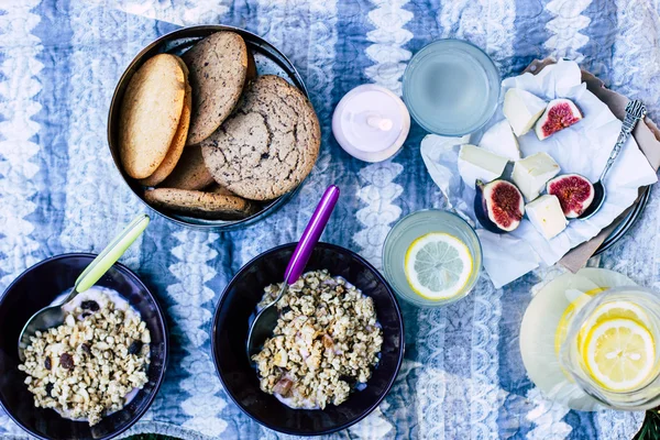 Combinazione di formaggio camembert con fichi, muesli, biscotti, yogurt, limonata — Foto Stock