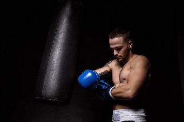 Mavi boks eldivenleri koyarak Boxer erkek