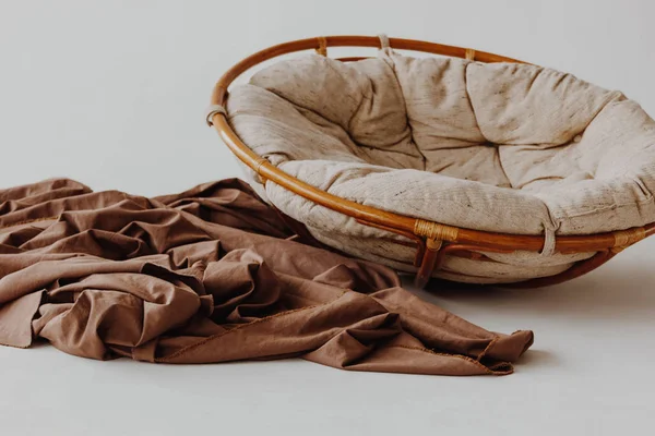 Round wicker wood chair with comfort pillow — 스톡 사진