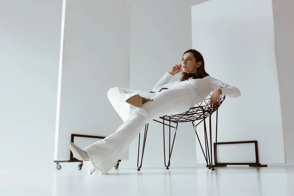 Beautiful Young Woman Dressing White Sitting Chair — Stock Photo, Image