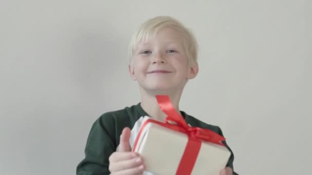 Un niño sostiene una caja maravillosamente embalada con un regalo en la cámara — Vídeo de stock