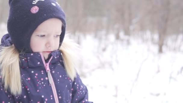 Szomorú kislány a havas téli erdő mögött — Stock videók