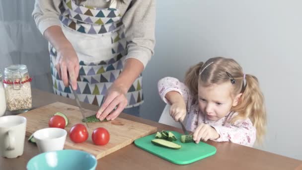 Anne ve küçük kızı salata için salatalık kesmişler. — Stok video