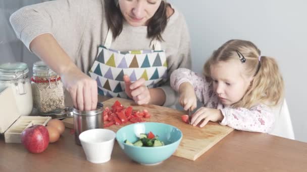 Anne ve küçük kızı sebze salatası yapıyor. — Stok video