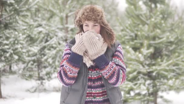 Uma mulher bebe chá quente no inverno — Vídeo de Stock
