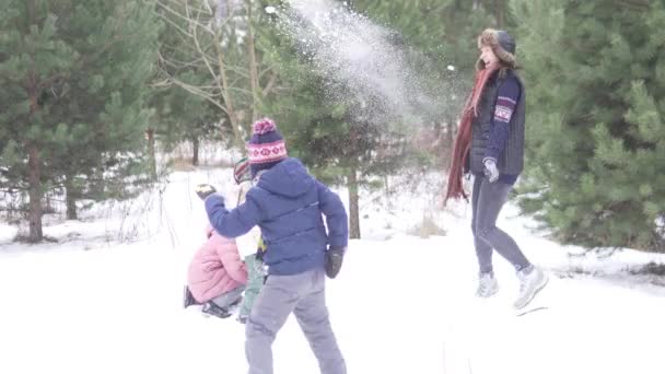 Family throws snowballs and laughs — Stock Video