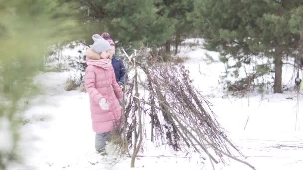 Çocuklar kışın ormanda kuru dallardan bir kulübede dururlar. — Stok video
