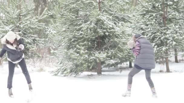 Jonge vrouwen spelen in sneeuwballen op een open plek in het bos — Stockvideo