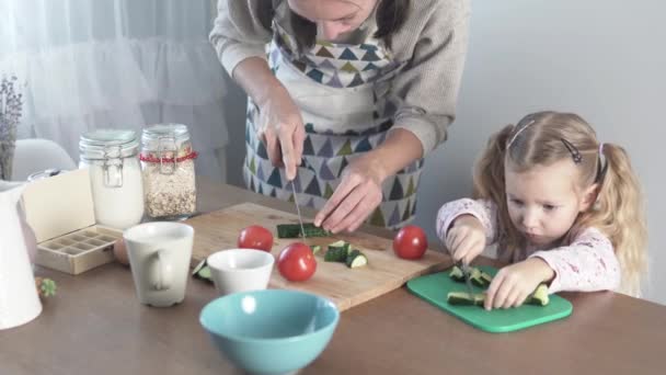 Mamá y su hija cortan pepinos para ensalada de verduras — Vídeos de Stock