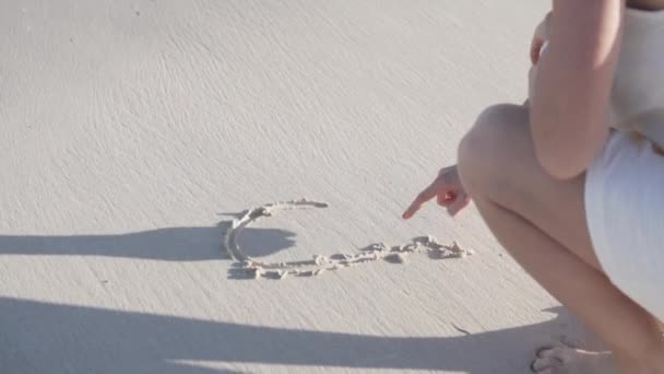 Una donna disegna un cuore sulla sabbia vicino al mare — Video Stock
