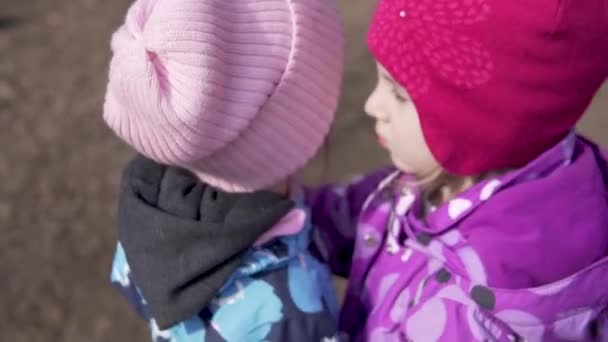 Två små flickvänner på en promenad i skogen våren — Stockvideo