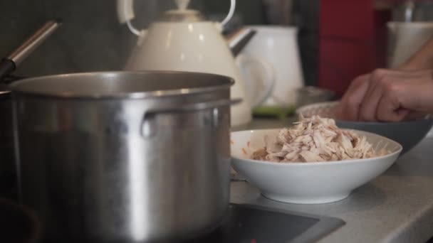 The concept of home-cooked chicken soup — Stock Video