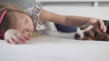 Küçük bir kız evde yatağında sevimli bir köpek yavrusunu okşar.