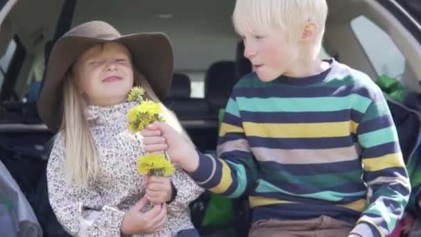 Boy gives a bouquet of daisies funny little girl — Stock Video