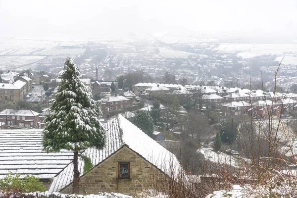 英格兰西部北部积雪覆盖的村庄和圣诞树的顶部视图 — 图库照片