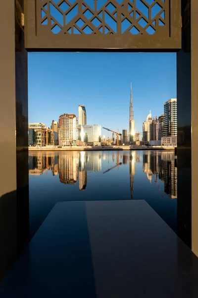 Vista Panoramica Dei Grattacieli Dubai Riflessione Unico Fotogramma — Foto Stock