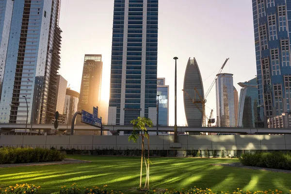 Stadsgezicht Bomen Grasland Tuin Park Stad Van Bedrijven Ochtend Dubai — Stockfoto