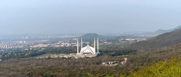 Vista Aérea Cidade Islamabad Mesquita Faisal Sopé Das Colinas Margalla — Fotografia de Stock