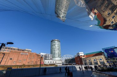 NEW STREET STATION, BIRMINGHAM, ENGLAND-FEB 25,2018: view of the Rotunda from walking up from Moor St to the Bullring, Birmingham, England. clipart