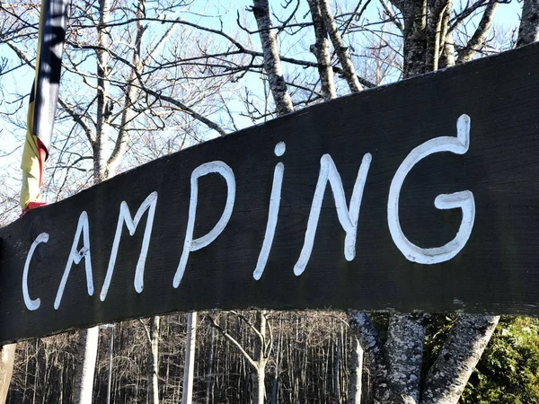 Camping Sign Long Wooden Board Mountains Landscape — 스톡 사진