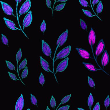 Siyah arka planda mavi ve pembe neon renkli dalları olan kusursuz botanik desen. Yaz ve bahar şablonu. Moda lüks modeli. tekstil, kumaşlar, baskı, duvar kağıdı, ambalaj tasarımı