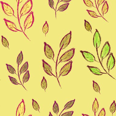Sarı arka planda renkli sonbahar yaprakları olan pürüzsüz bir desen. Çok renkli olsun. Yaz, bahar, sonbahar deseni. Yazdırma, paketleme, duvar kağıdı, tekstil, kumaş tasarımı