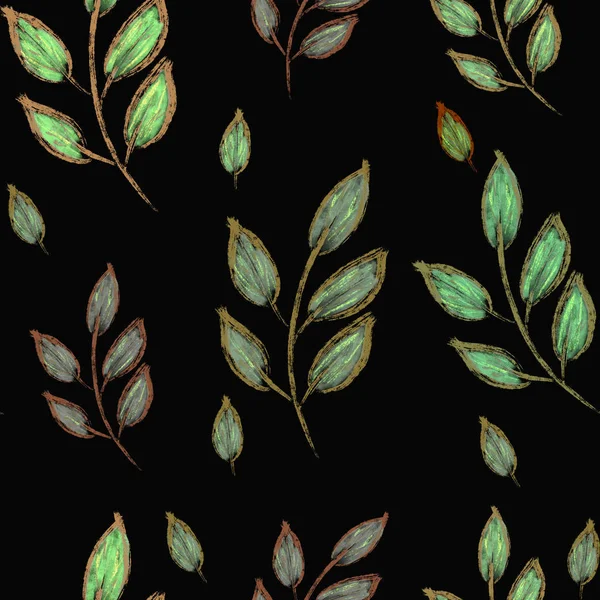 seamless pattern with green branches with leaves on black background. Botanical pattern. Summer, spring design. Print, packaging, wallpaper, textile, fabric design