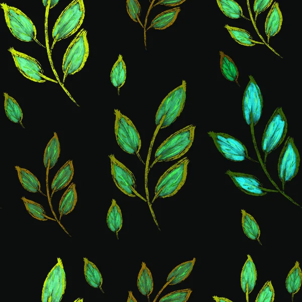 seamless background with green leaves and branches on black background. Hand drawing. Spring, summer pattern. Print, packaging, wallpaper, textile, fabric design