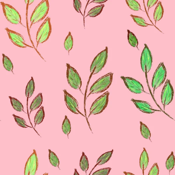 seamless pattern with green leaves on pink background. Hand-drawing. Spring pattern. Fabric, textile, print, packaging, wallpaper design