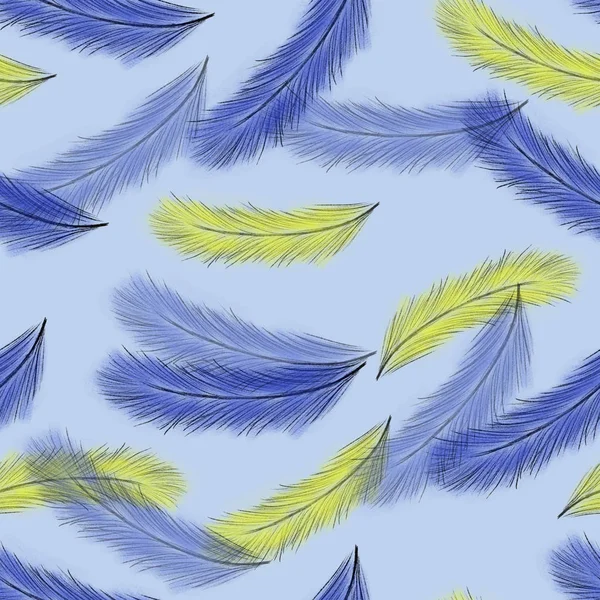 Yellow and blue feathers pattern on light blue background. Hand drawing. Soft and fluffy. Fashion design. Print, packaging, wallpaper, textile, fabric design