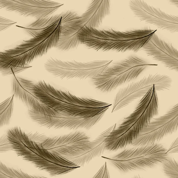ベージュ地にトーンブラウンの羽のシームレスなパターン 手描き 軟弱だ 装飾デザイン — ストック写真