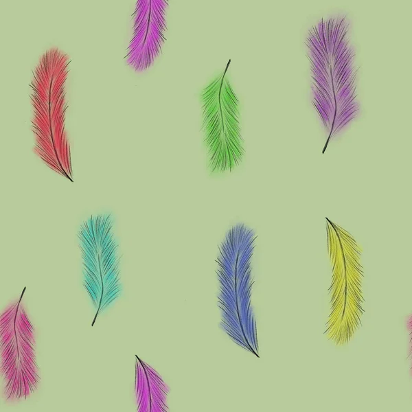 緑の背景に多色の羽を持つシームレスなパターン 手描き テキスタイル ファブリックデザイン — ストック写真