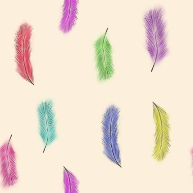 Şeftali arka planında renksiz tüyler var. Çok renkli tüyler. El çizimi. Yazdırma, paketleme, duvar kağıdı, tekstil, kumaş tasarımı