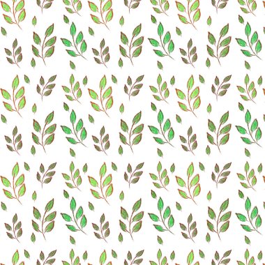Beyaz arka planda yeşil yapraklı kusursuz desen. Yay şekli. Yazdırma, paketleme, duvar kağıdı tasarımı