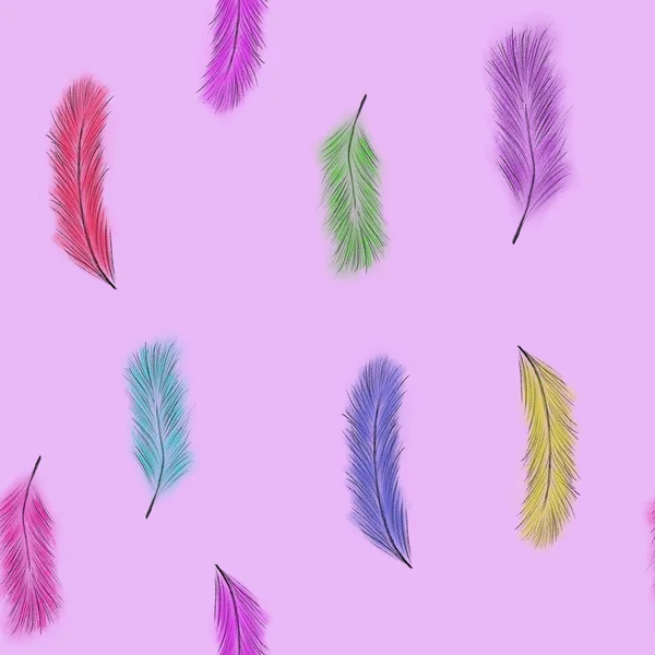 ピンクの背景に多色の羽を持つシームレスなパターン 紫の羽 柔らかくふわふわ テキスタイルデザイン — ストック写真