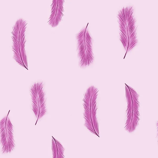 Pink Feather Pattern Pink Background Seamless Feathers Pattern Hand Drawing — ストック写真