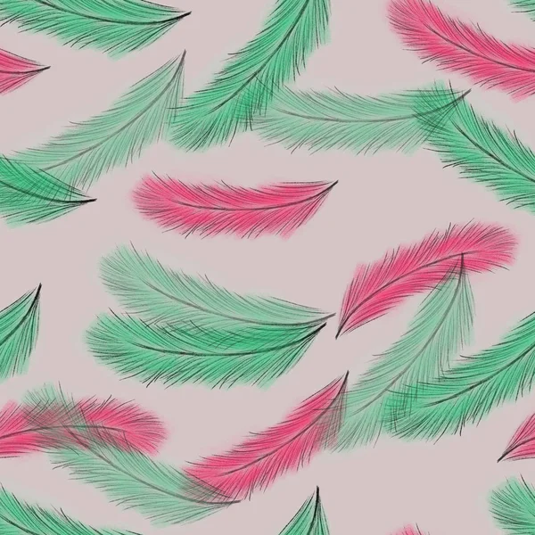 Red Green Feathers Pattern Creamy Background Seamless Pattern Hand Drawing — ストック写真