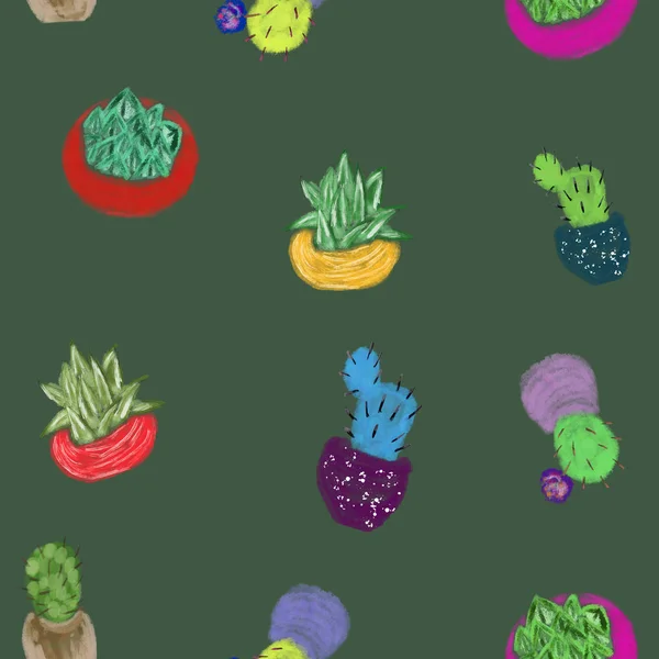 seamless pattern with succulents in colorful pots on dark green background. Cactus in pots. Home plants pattern. Multicolored. Print, packaging, wallpaper, fabric design