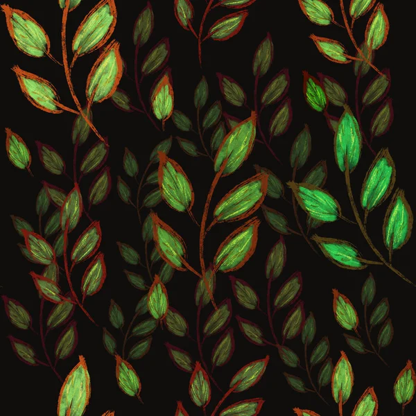 Безшовний Квітковий Візерунок Зеленими Гілками Листям Чорному Тлі Ботанічний Патерн — стокове фото