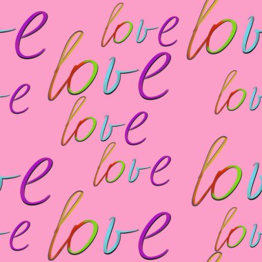 Pembe arka planda gökkuşağı aşk metni olan kusursuz desen. Gurur modeli. Lgbtq konsepti. Kartpostal, poster, ambalaj, duvar kağıdı, tekstil tasarımı